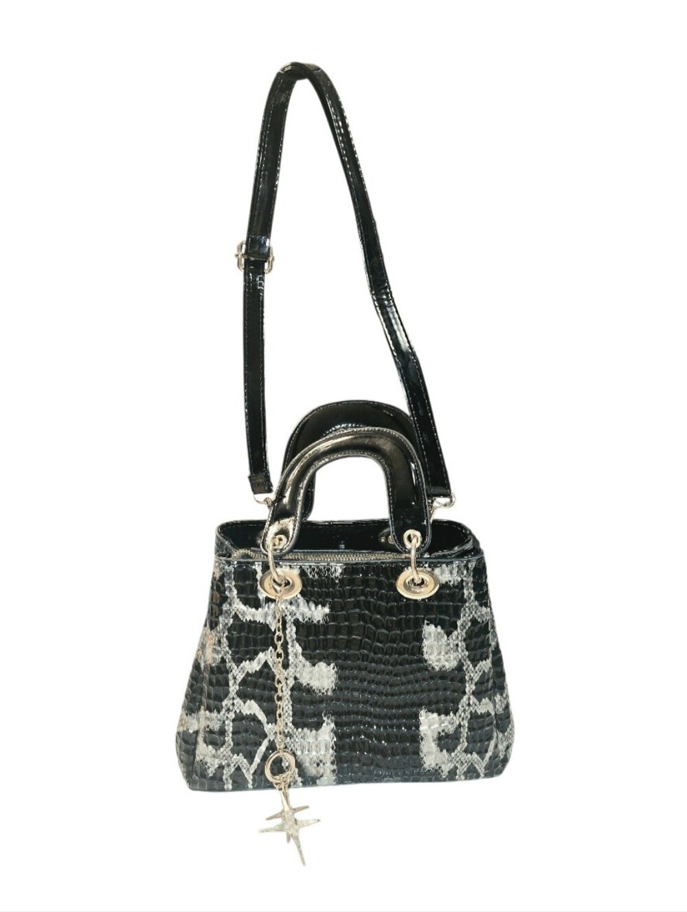 Black Croc-Effect Top-Handle Shoulder Bag with Gold Charm